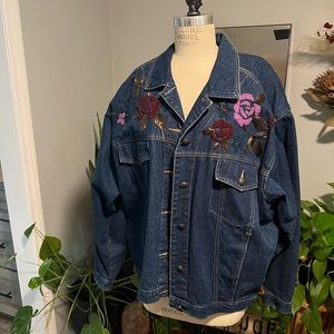 VINTAGE 90’s Beaded Roses Carol Little Sport Boho Denim Jeans Jacket Fall Glam